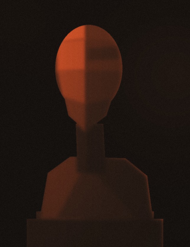 A faceted clay bust on a plinth, lit from one side